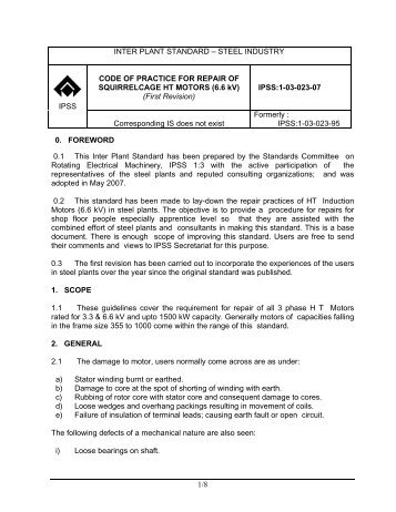 Code of practice for repair of squirrel cage HT motors (6.6kV)