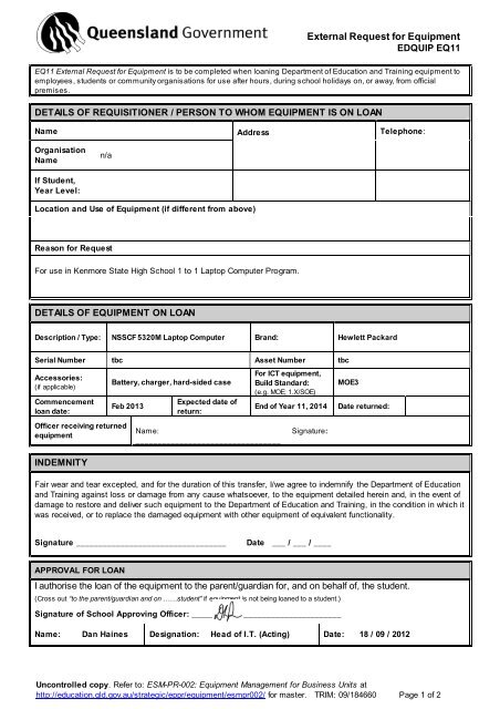 EQ11 asset loan form 2013 - Kenmore State High School