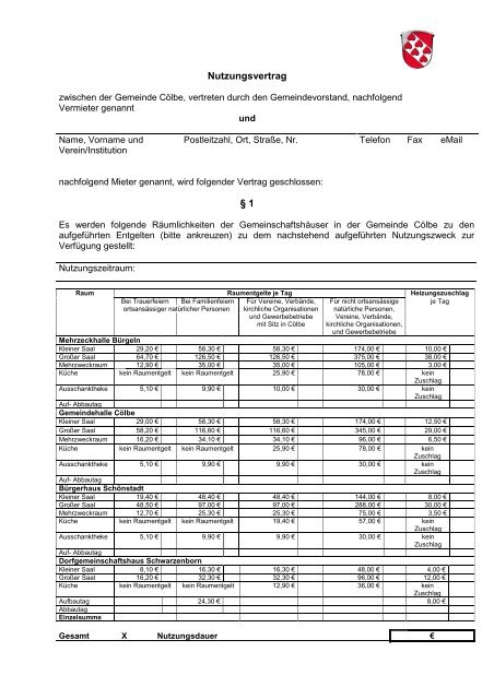 Nutzungsvertrag für die Gemeinschaftshäuser - Gemeinde Cölbe