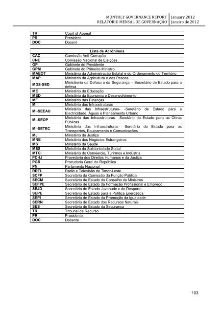 monthly governance report relatório mensal de governação - Unmit