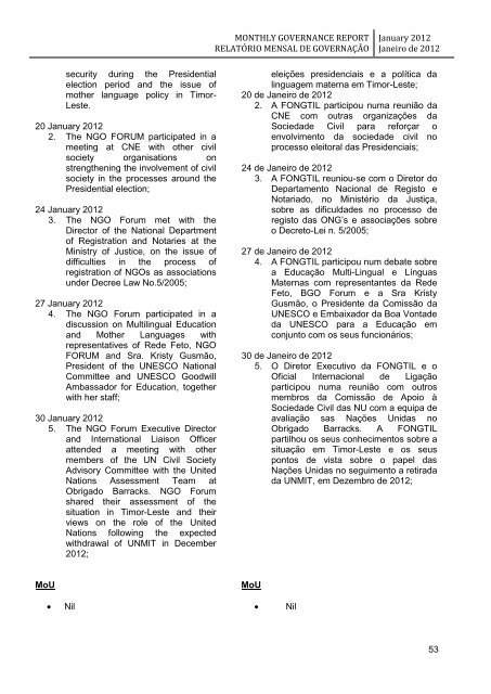 monthly governance report relatório mensal de governação - Unmit