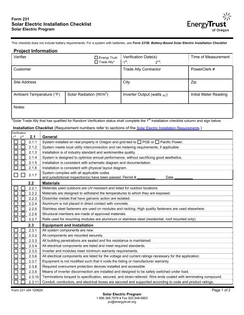 Solar Electric Installation Checklist Energy Trust Of Oregon
