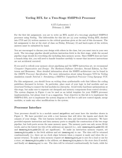 Verilog Rtl For A Two Stage Smipsv2 Processor Processor Interface