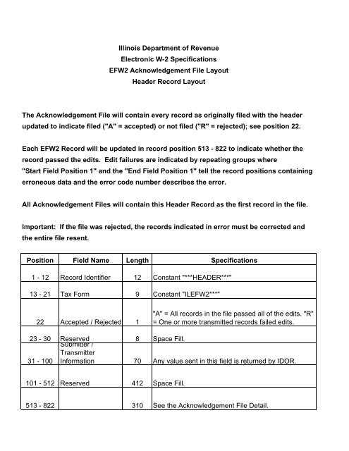 EFW2 Acknowledgement Format - Illinois Department of Revenue