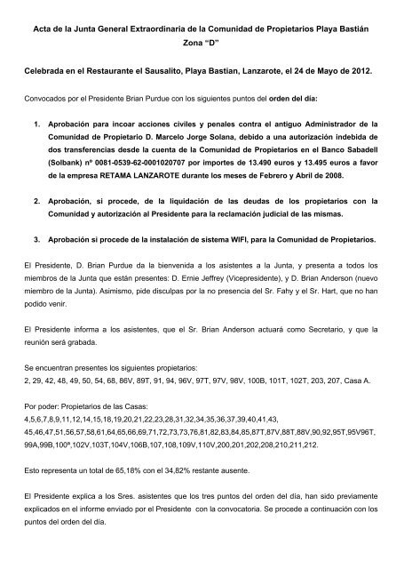 Acta de la Junta General Extraordinaria de la Comunidad de ...