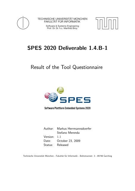 SPES 2020 Deliverable 1.4.B-1 Result of the Tool Questionnaire