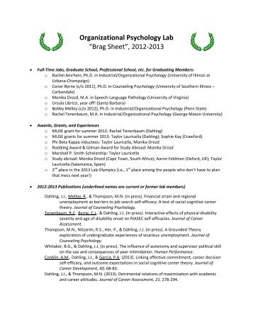 Organizational Psychology Lab “Brag Sheet”, 2012-2013