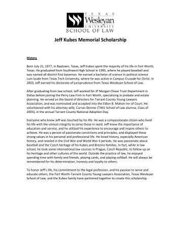 Jeff Kubes Memorial Scholarship - E-Legal News - Texas Wesleyan ...
