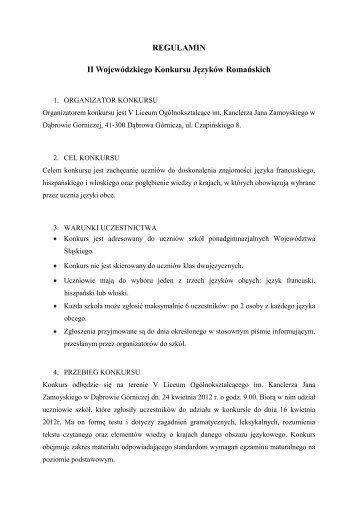 REGULAMIN II Wojewódzkiego Konkursu Języków ... - V LO Zamoyski