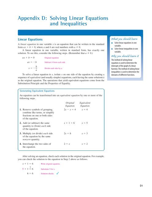 Solving Linear Equations and Inequalities - Cengage Learning