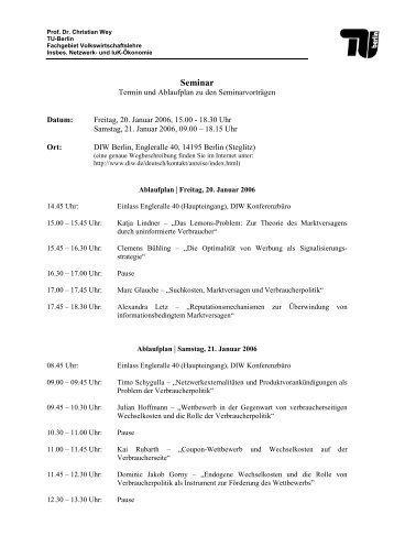 Vortragsplan für die Seminarpräsentationen - TU Berlin