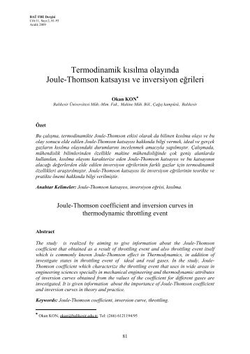 Termodinamik kısılma olayında Joule-Thomson katsayısı ve ...