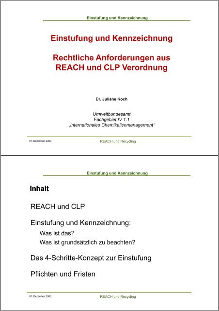 Einstufung und Kennzeichnung Rechtliche Anforderungen ... - REACh