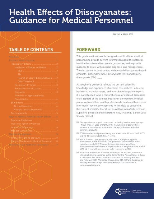 Health Effects Of Diisocyanates Guidance For Medical Personnel
