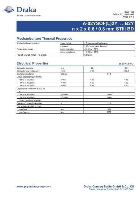 A-02YSOF(L)2Y ... B2Y nx2x0,6/0,8 STIII BD - Draka Communications