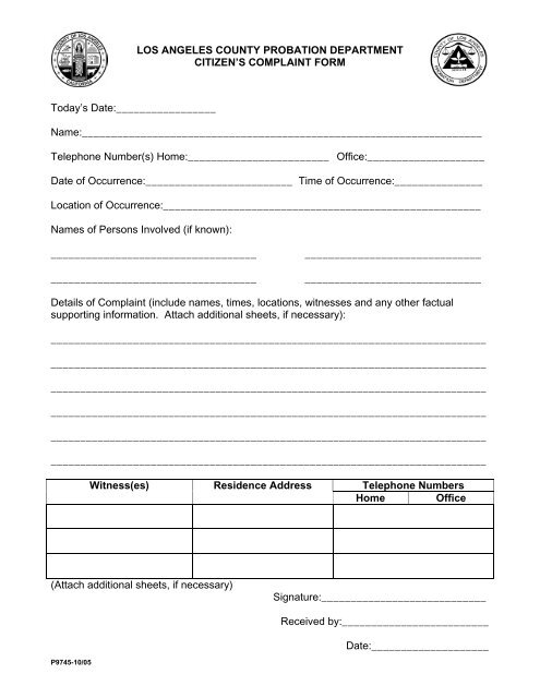 Citizen's Complaint Form - English - Los Angeles County Probation ...