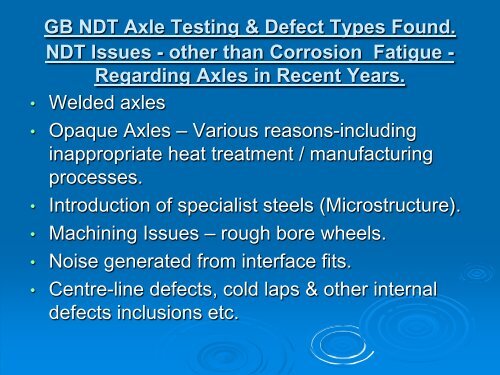 Experience on axle defects