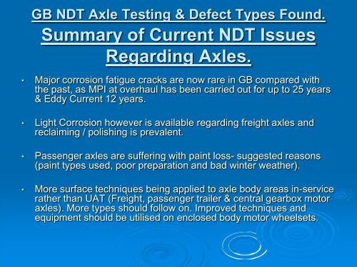 Experience on axle defects