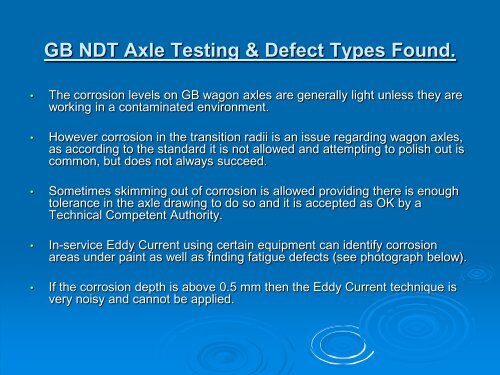 Experience on axle defects