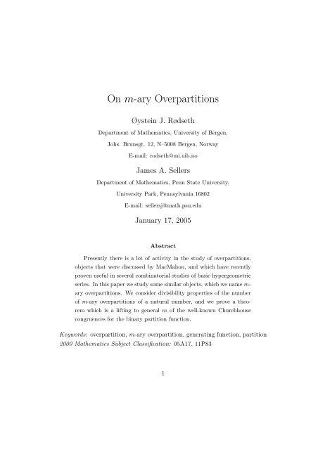 On m-ary Overpartitions - Penn State Personal Web Server - Penn ...