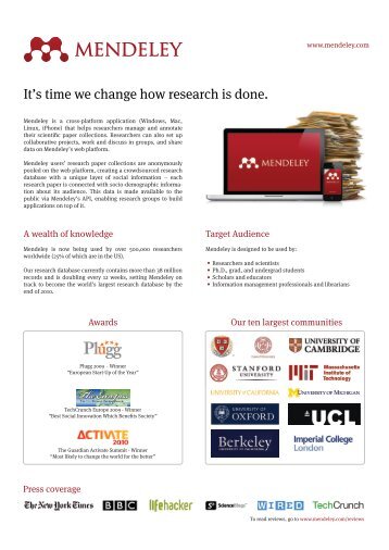 Mendeley Fact Sheet - (lib.stanford.edu) include