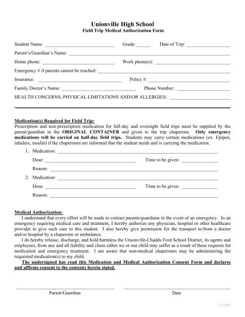 Field Trip Permission Form rev - Unionville High School - Unionville ...