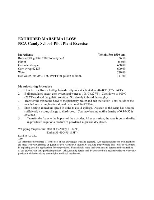 EXTRUDED MARSHMALLOW NCA Candy School Pilot Plant Exercise