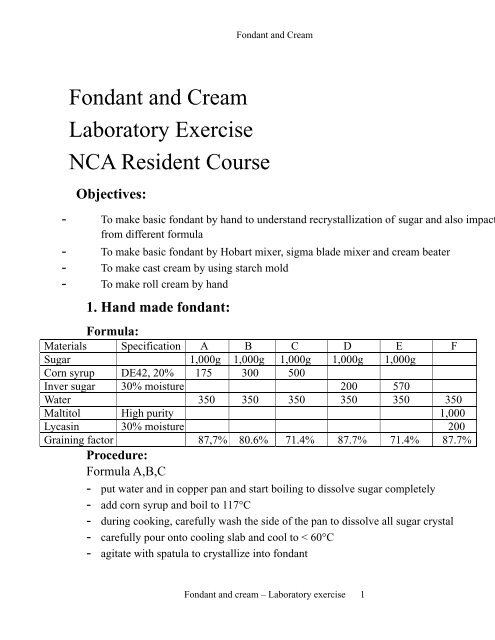 Fondant and Cream Laboratory Exercise NCA Resident Course