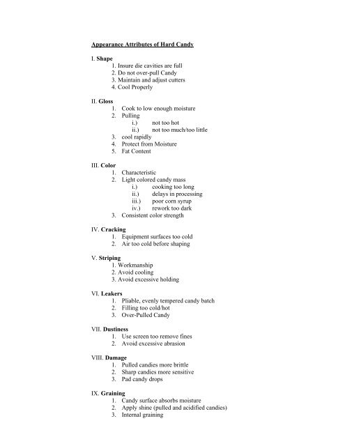 Appearance Attributes of Hard Candy I. Shape 1. Insure die cavities ...