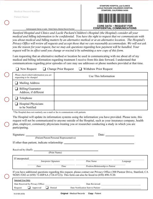 Request for Confidential Communications Form - Lucile Packard ...