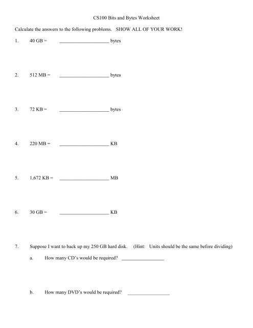 Bits and Bytes Worksheet - VWC: Faculty/Staff Web