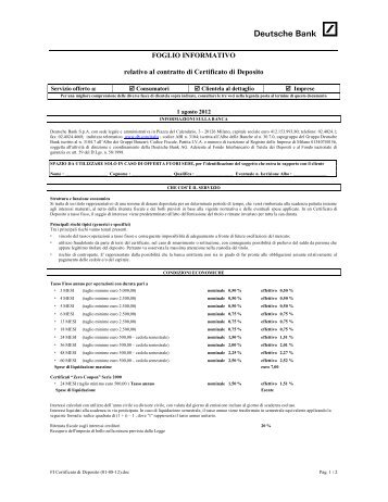 FOGLIO INFORMATIVO relativo al contratto di Certificato di Deposito