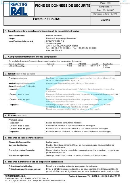 FICHE DE DONNEES DE SECURITE Fixateur Fluo-RAL