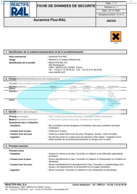 FICHE DE DONNEES DE SECURITE Auramine Fluo-RAL