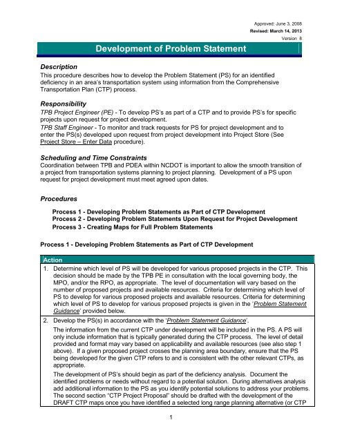 Problem Statement Procedure - Connect NCDOT