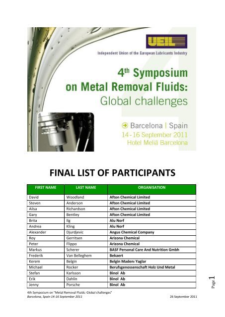 FINAL LIST OF PARTICIPANTS - UEIL