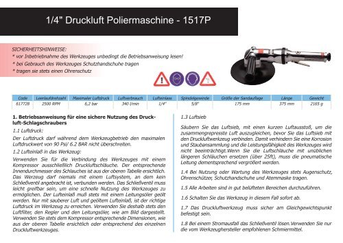 1/4" Druckluft Poliermaschine - 1517P - Unior