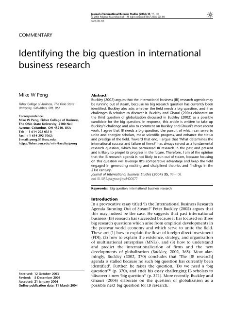 Identifying the big question in international business research