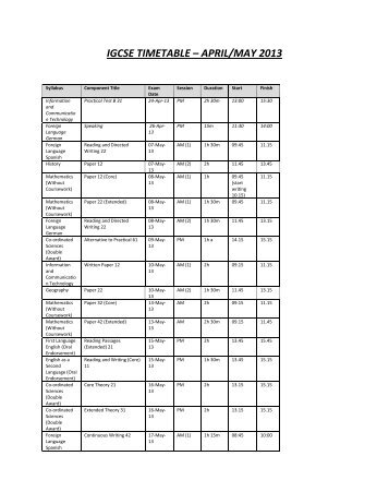 IGCSE TIMETABLE – APRIL/MAY 2013