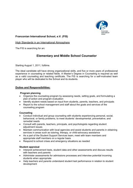 Ad ES+MS Counselor external - the Franconian International School