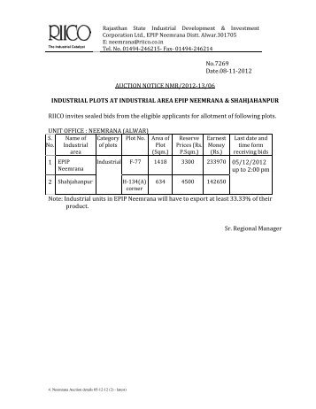 No.7269 Date.08-11-2012 AUCTION NOTICE NMR/2012-13 ... - RIICO