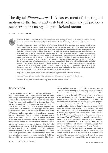 The digital Plateosaurus II - Acta Palaeontologica Polonica