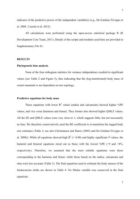 Mass estimation in fossil sloths (Xenarthra, Folivora) from the Early ...