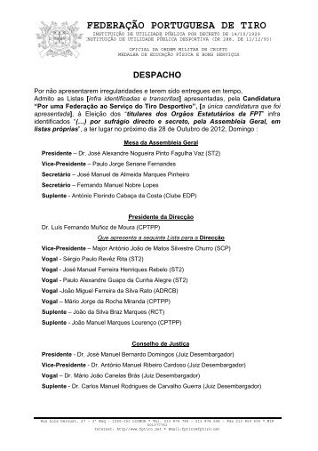 DESPACHO de Admissão - Federação Portuguesa de Tiro