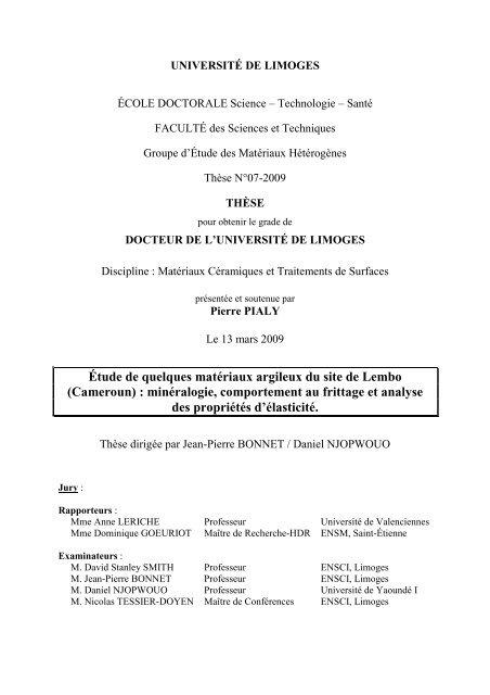 Etude de quelques matériaux argileux du site de Lembo (Cameroun ...