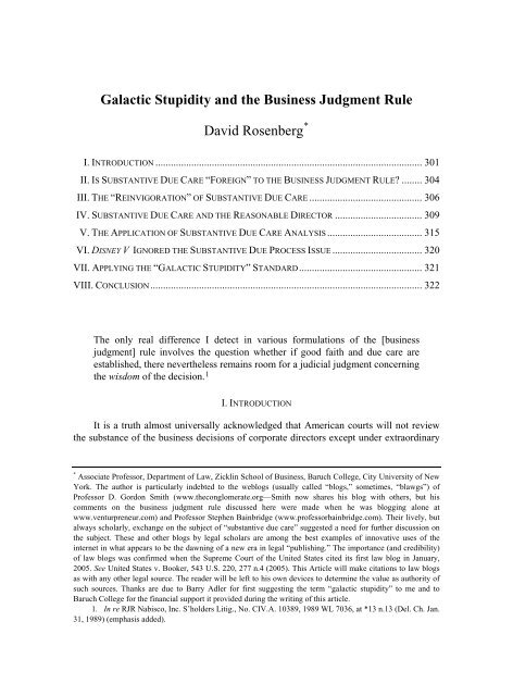 Galactic Stupidity and the Business Judgment Rule - College of Law