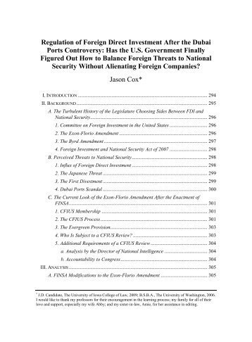 Regulation of Foreign Direct Investment After the Dubai Ports ...