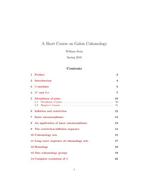 A Short Course on Galois Cohomology - William Stein - University of ...