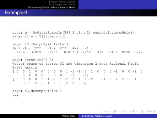 Exact Linear Algebra for SAGE - William Stein - University of ...