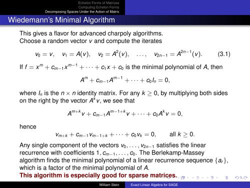 Exact Linear Algebra for SAGE - William Stein - University of ...